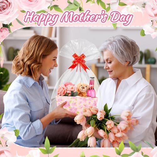 Funnymoom 24 Pcs Mother's Day Basket for Gifts Empty Vintage Floral Tulip Gift Basket Empty to Fill with Handle, Transparent Bag and Bow for Best Mom Gift Flower Tea Party Supplies, 9.8 x 6.5 x 4.3'' - Image 5