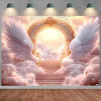Pink Angel Wings Theme Banner Paradise Gate Sky Stairway to Heaven Holy Light Clouds Gold Sky Background Heaven Sent Baby Shower Baptism Banner Easter Photo Background (Pink, 9 * 6feet) - Image 4