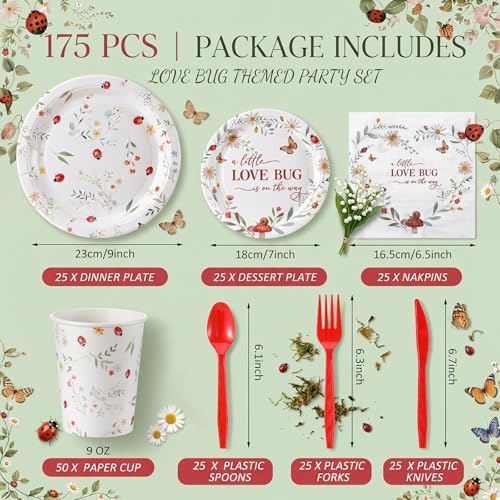 LemonRoad 175 Pcs Little Love Ladybird Party Supplies, Garden Floral Disposable Tableware Set for 25 Guests, 9" Plates, 7" Dessert Plates, Cups, Napkins and Red Cutlery for Baby Shower Birthday - Image 2