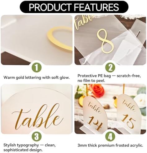 SHINVALE Arch Acrylic Wedding Table Numbers with Gold Foil Font – Frosted Finish, Elegant Modern Design with Stands, Easy Assembly Table Signs for Weddings, Parties & Events (20, 5" x 7") - Image 3