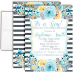 Custom Baby Shower Invites Blue Gray Gold Peony Baby Shower Invitations 20 5x7 Custom Personalized Rustic Floral Invites With Envelopes - Unique Cards by AmandaCreation