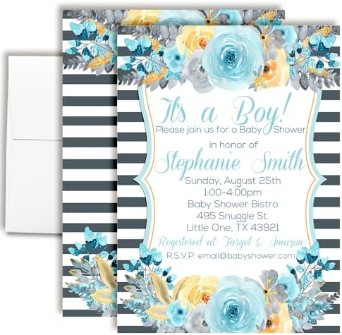 Custom Baby Shower Invites Blue Gray Gold Peony Baby Shower Invitations 20 5x7 Custom Personalized Rustic Floral Invites With Envelopes - Unique Cards by AmandaCreation