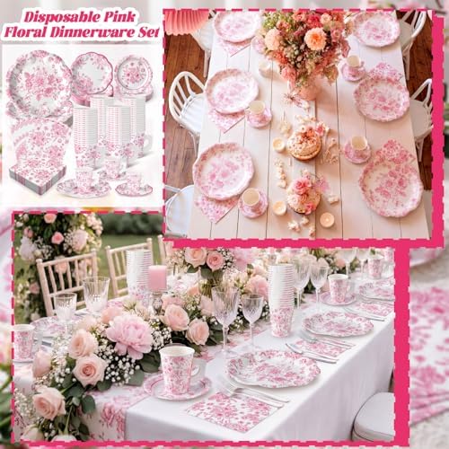 Pickmesh 252 Pcs Pink Floral Tea Party Supplies for 36 Guests Pink and White Porcelain Paper Disposable Dinnerware Floral Teacups with Handle and Saucers Set for Tea Party Decorations Birthday Wedding - Image 6