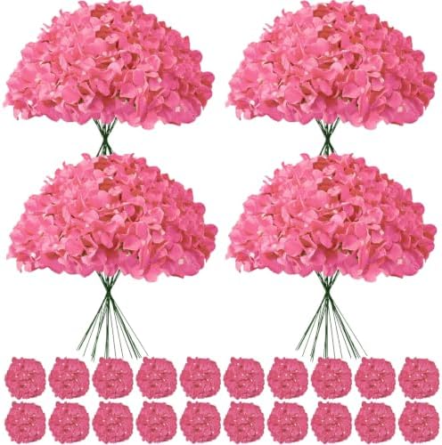 100 Pcs Fuchsia Hydrangea Artificial Flowers Bulk, Fake Silk Hydrangea Flowers Heads with Stems for Wedding Decorations Garden Party Baby Shower Porch Home Decor Table Centerpieces by Cherica
