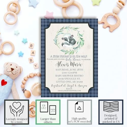 Custom Baby Shower Invites Boy Skunk Baby Shower Invitations 20 5x7 Custom Personalized Skunk Shower Invites With Envelopes - Unique Little Stinker Baby Skunk Theme Shower Cards - Image 2