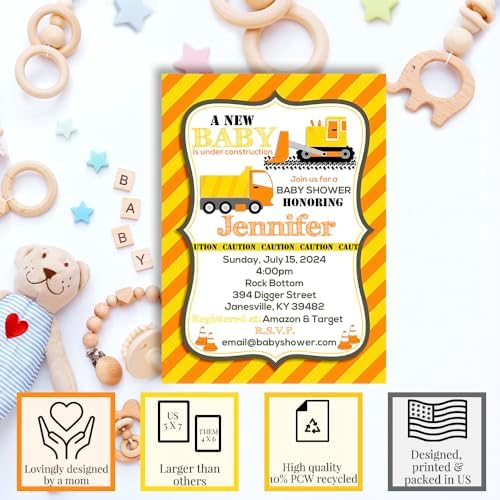 Amanda Creation Construction Baby Shower Invitations, 20 Personalized 5x7 Under Construction Baby Shower Invites with Envelopes, Custom Printed Cards - Image 2