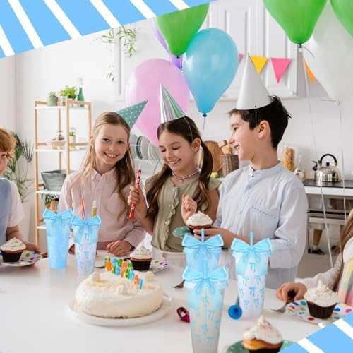 Skylety 24 Blue Bow Plastic Cups with Lid Straw and Ribbon - Image 5