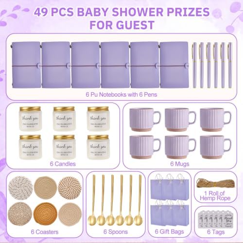 Baby Shower Prizes for Game Winners Baby Shower Games Prizes Ceramic Mugs with Metal Spoons Woven Coasters Notebooks Scented Candles Gift Bags Wedding Bridal Shower Favors for Guests (6, Purple) - Image 4