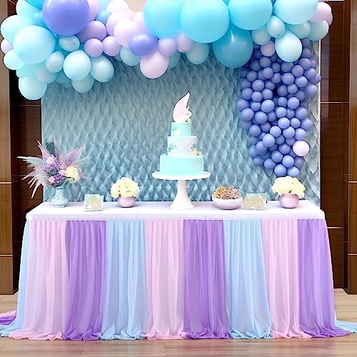 Mermaid Tulle Table Skirt Blue Pink Purple Striped Table Skirts for Rectangle Tables Frozen Baby Shower Mermaid Birthday Parties Decoration 9ft by Besutolife