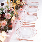 bUCLA 600PCS Clear Rose Gold Plastic Dinnerware Set Disposable - Include 100 Dinner Plates, 100 Dessert Plates, 100 Knives, 100 Forks, 100 Spoons, 100 Cups for Party & Wedding - Image 4
