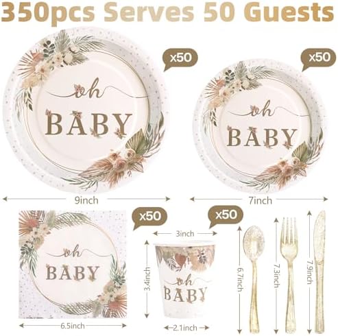 350 Pcs Boho Baby Shower Decorations for Girl, Baby Shower Plates and Cups and Napkins Sets, Oh Baby Plates for Western Sweet Baby Girl, Summer Fall Gender Neutral, Serves 50 - Image 2