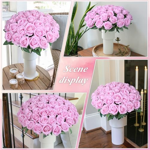 50 PCS Pink Roses Artificial Flowers, Fake Roses with Stem Realistic Silk Roses for DIY Wedding Bouquets Table Centerpieces Arrangements Baby Shower Birthday Home Decor Valentine's Day Gift for Her - Image 4