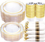 NOCCUR 50Guest Gold Rim Clear Plastic Plates&Disposable Silverware Cups-Include 100Plastic Plates, 150Gold Utensils, 50Cups and 50Napkins-Idea for Wedding/Party by NOCCUR