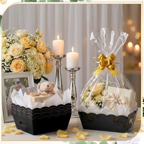 Fuyoooo 8 Pack Black Basket for Gifts Empty to Fill, 10" x 8" Thick Sturdy Kraft Scalloped Edge Gift Basket with Handle, 8 Wrap Bag 8 Bow 16 Tissue Paper for Christmas Wedding Birthday Wrapping Gift - Image 6