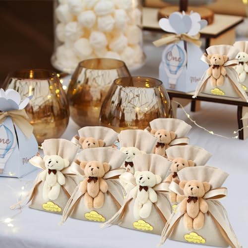 Shinylin 24 Pcs Bear Gift Bag Bulk for Baby Shower Guest Favor 5.3 x 7.1 Inches Candy Cute Plush Bear Drawstring Bag with Bow Thank You Acrylic Sign for Baby Boy Girl Party Decorations(Beige) - Image 6