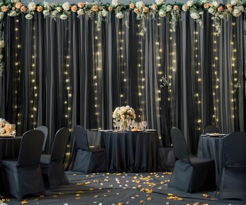 10ft x 10ft Black Tulle Photo Backdrop Curtain with Lights String for Parties Sheer Black Curtain Backdrop for Birthday Party Baby Shower Wedding Photo Booth Photography Background Decorations - Image 5