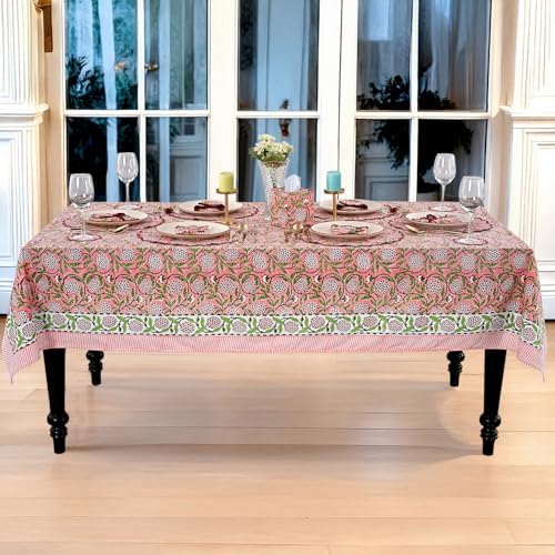 Ridhi Strawberry Pink Block Print Cotton Rectangle Table Cloth, 54x54 inch - Image 6
