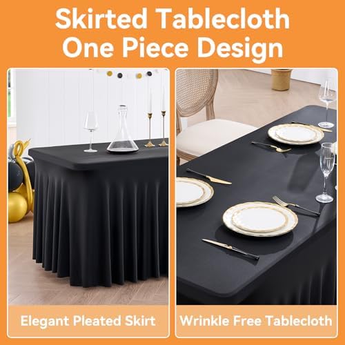 6 Pack Black Fitted Spandex Table Cloth Rectangle 8ft, Wrinkle Free High-Stretch Skirted Tablecloths for 8 Foot Rectangle Tables, Decor Parties Weddings Birthday Banquet Spandex Table Cloths Cover - Image 3