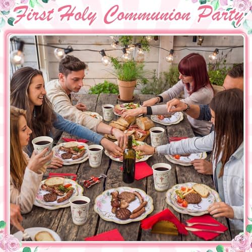 Ziliny 250 Pcs God Bless Baptism Party Tableware Set for 50 Guest First Holy Communion Decorations Pink Eucalyptus Leaves Paper Plates Napkins and Cups for Christening Baby Shower Religious - Image 4