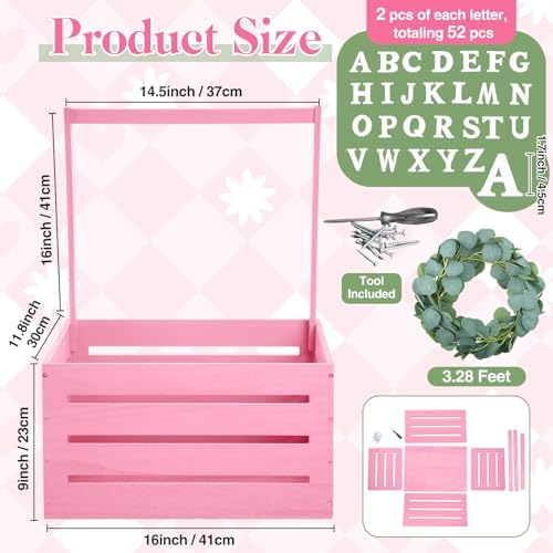 Barydat Wooden Baby Shower Crate Basket with Handle, Pink - Image 4