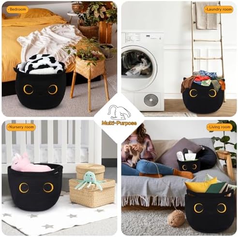 Cute Black Cat Round Basket - Cotton Rope Baskets Large Baby Laundry - Image 3