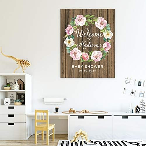 Andaz Press Custom Large Baby Shower Canvas Welcome Sign, 16 x 20 Inches, Rustic Wood Pastel Peonies Wreath, Guestbook Alternative, Personalized Sign Our Canvas, For Fall, Rustic, Boho, Baby Shower - Image 4