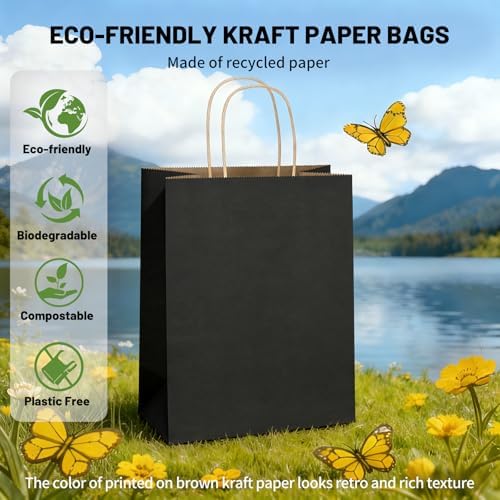 Mlyta 100 Pack 8x4.75x10 Inch Medium Black Kraft Paper Gift Bags with Handles Bulk for Goodie Party Favor Brithday Grocery Shopping Business Wedding Retail Craft Treat To Go Return, Merchandise Sacks - Image 6