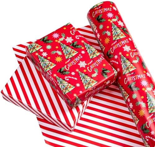 WRAPAHOLIC 30 Inch Jumbo Reversible Christmas Wrapping Paper - 30 Inch x 100 Feet Jumbo Roll Red Christmas Tree Wrapping Paper and Stripe Design for Holiday, Party Celebration - Image 2