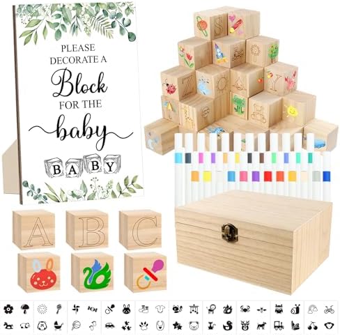 150 Pcs Green Leaf Baby Shower Games Sign Kit, Including a Decorate Flower Game Sign 102 DIY Wooden Blocks 36 Acrylic Markers 10 Stencils 1 Storage Box, for Baby Shower Party Gender Reveal by ZCPTZ
