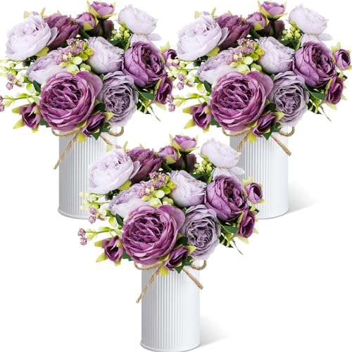 3 Sets Artificial Peonies Flower Peony Bouquet with Galvanized Metal Pot Silk Fake Peonies Faux Flower Arrangements for Wedding Table Centerpiece Party Home Room (Purple) by Solsew