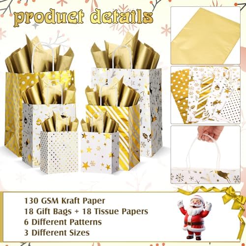 Humyoun 18 Pack Christmas Paper Gift Bags Bulk Assorted Sizes, White, Gold - Image 3