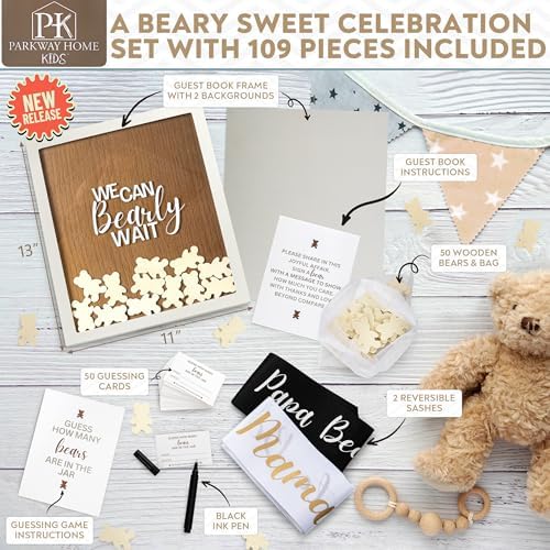 Baby Shower Guest Book Alternatives 109 Piece Set with Wooden Bears Mom Dad to Be Sashes Guessing Game - Unisex Gender Reveal and Pregnancy Announcement Decor - We Can Bearly Wait Decorations Keepsake - Image 5