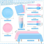Tegeme 256 Pcs Pink and Blue Gender Reveal Party Supplies Disposable Tablecloth Paper Plates Napkin Cup Plastic Fork Knives Spoon Tableware Serve 36 Guest for Birthday Baby Shower Wedding Decoration - Image 4