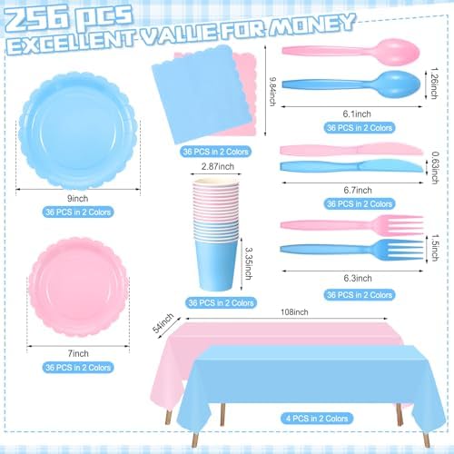 Tegeme 256 Pcs Pink and Blue Gender Reveal Party Supplies Disposable Tablecloth Paper Plates Napkin Cup Plastic Fork Knives Spoon Tableware Serve 36 Guest for Birthday Baby Shower Wedding Decoration - Image 4