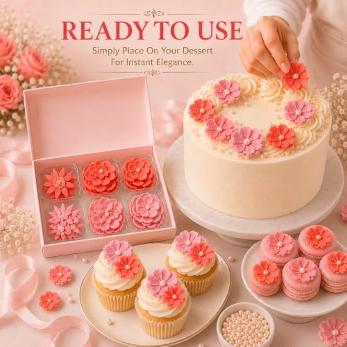 CONFECT Handmade Edible Gum Paste Flower Decorations – Blush Blossom Duo – 60 Piece Assorted Sugar Flower Set with Pearl Centers, Hand Cut Cake Flowers for Cakes, Cupcakes, Cookies & Desserts - Image 6