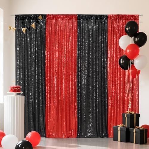 Eternal Beauty Black & Red Sequin Backdrop Curtains, 4 Panels 2x8FT - Image 3