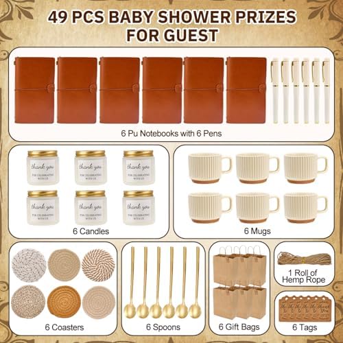 Baby Shower Prizes for Game Winners 6 Sets Baby Shower Games Prizes Ceramic Mugs with Metal Spoons Woven Coasters Notebooks with Pens Scented Candles Gift Bags Wedding Bridal Shower Favors for Guests - Image 3