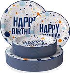 Party Solids Blue Happy Birthday Plates Paper Plates Disposable Heavy Duty 200 Pcs - 100-7 & 100-9 Disposable Plates for Party Heavy Duty 350 GSM for Birthday Supplies by PartySolids