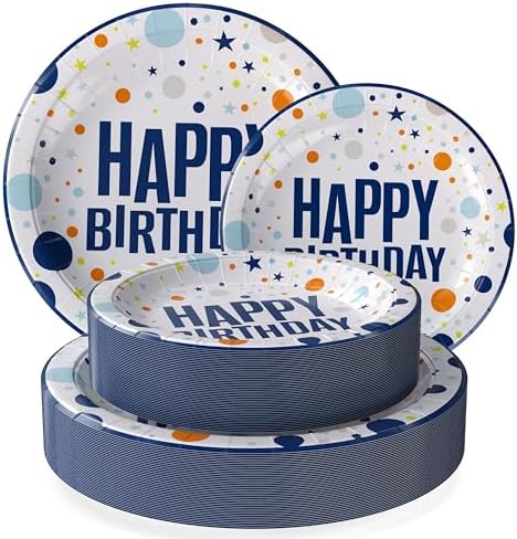 Party Solids Blue Happy Birthday Plates Paper Plates Disposable Heavy Duty 200 Pcs - 100-7 & 100-9 Disposable Plates for Party Heavy Duty 350 GSM for Birthday Supplies by PartySolids
