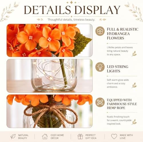4 Sets Mason Jar Centerpiece with LED Lights and Orange Hydrangea Fake Flowers Vase for Wedding Thanksgiving Party Coffee Table Decor - Image 3