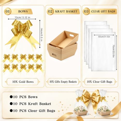 10Sets 10 x 8” Baskets for Gifts Empty, Thick Paper Gift Basket with Clear Wrap Bag and Pull Bows, for Wedding Birthday Bridesmaid Baby Shower Thanksgiving Party Gift Wrapping, Brown - Image 4