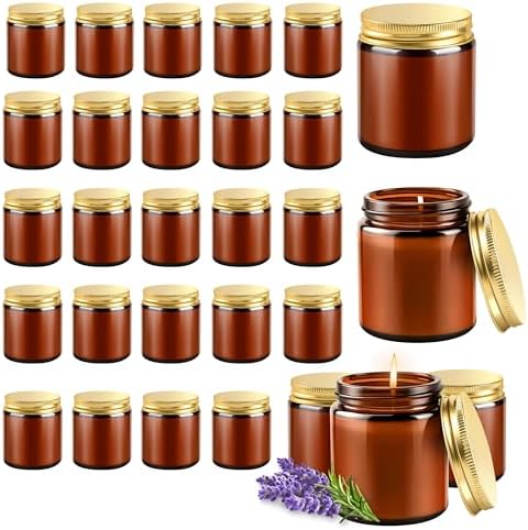 24 Pcs 4 Oz Mason Jar Candles, Lavender Scented Soy Candles Bulk Set for Stress Relief and Relaxation, Great Favors for Wedding, Christmas, Housewarming Gifts (Gold,Amber Glass, Lavender, 24) by Unknown