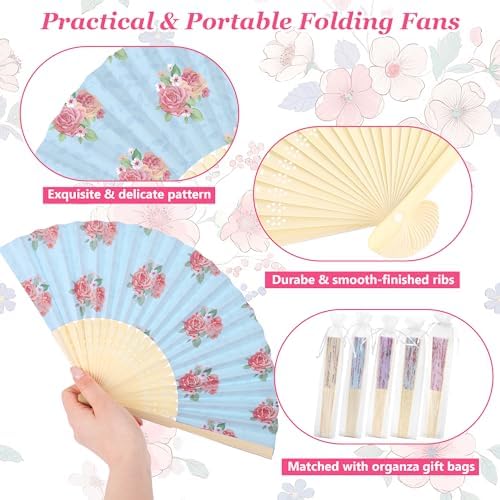 Aodaer 50 Pack Tea Party Favor Floral Printed Hand Fans with Organza Bags Bulk Wooden Storage Box Retro Pattern Paper Handheld Folding Fans for Spring Picnic Bridal Shower Wedding Bridesmaid Gifts - Image 3