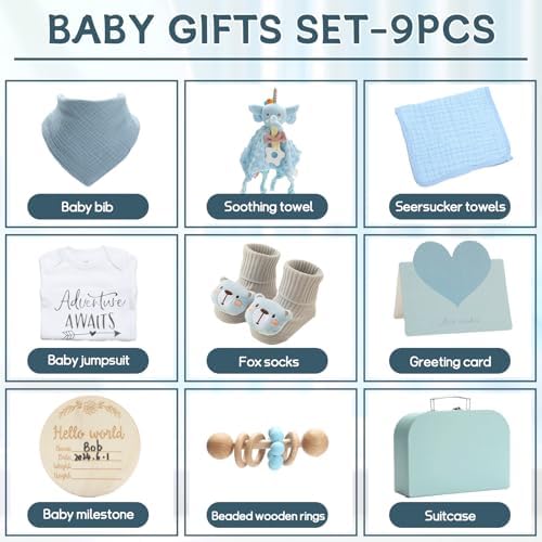 Baby Gift Set Baby Shower Gifts Basket for Newborns New Born Baby Boy Gift Set Blue Baby Gift Basket with Baby Rattle Muslin Towel Security Blanket Gender Reveal Gifts for Baby Girls Boys - Image 4