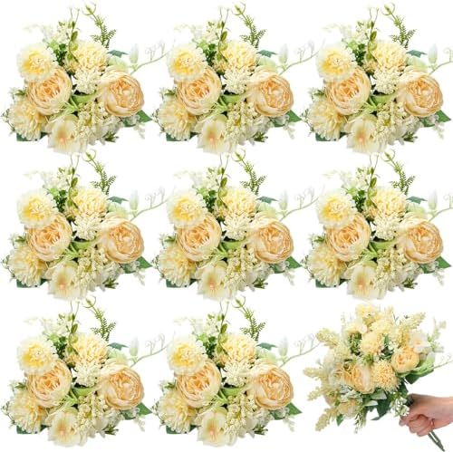 Zeyune 8 Pcs 13.4 Inch Artificial Flowers Bouquet,Peony,Champagne by Zeyune