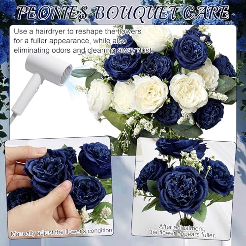 12 Bundles Royal Blue White Artificial Peonies Silk Flowers Bulk - Image 5