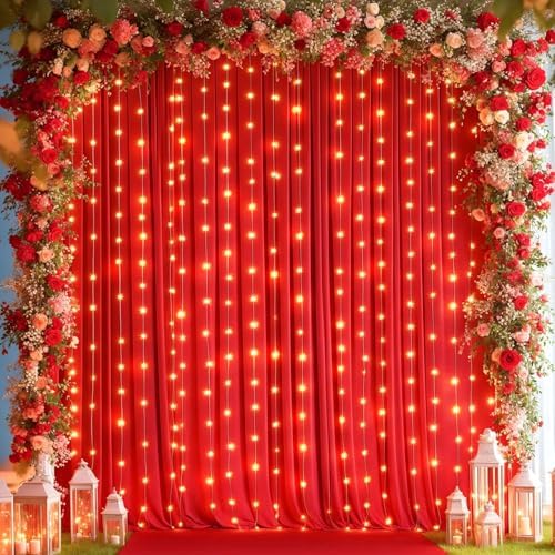 10x10ft Red Backdrop Curtains with Lights Photo Drapes Wrinkle Free Fabric Backdrop Curtain for Wedding Birthday Party Baby Shower Bridal Shower Home Party Background Decorations by Shillance