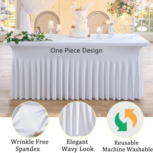 4 Pack White Spandex Tablecloth for 5 Foot Rectangle Tables, Wrinkle Free Fitted Table Clothes Cover 5ft Stretchy Tablecloths with Skirt for Parties Weddings Birthday Banquet Baby Shower - Image 3