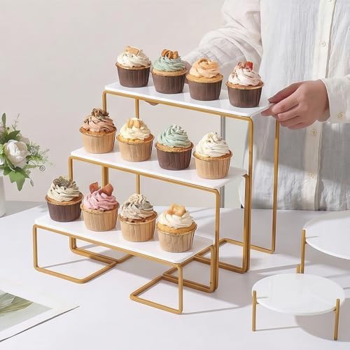 8 Piece White and Gold Acrylic Dessert Table Display Set, Cupcake Stand and Tiered Serving Tray with Painted Iron Stands, Round Risers and Bear Clips for Wedding, Birthday and Baby Shower Parties - Image 6