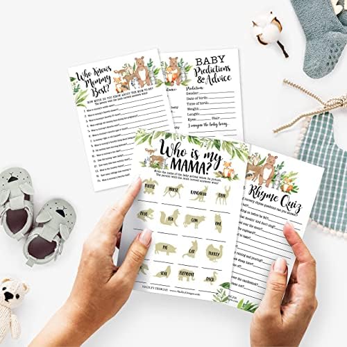 25 Woodland Animal Matching, 25 Nursery Rhyme Game, 25 Who Knows Mommy Best, 25 Baby Prediction And Advice Cards - 4 Double Sided Cards, Baby Shower Party Supplies - Image 2
